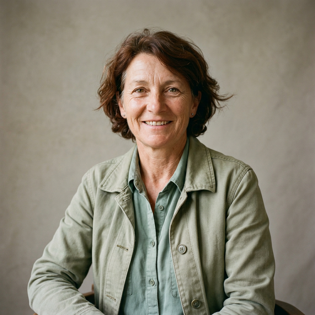 Image générée : une agricultrice souriante, en veste de travail vert sauge