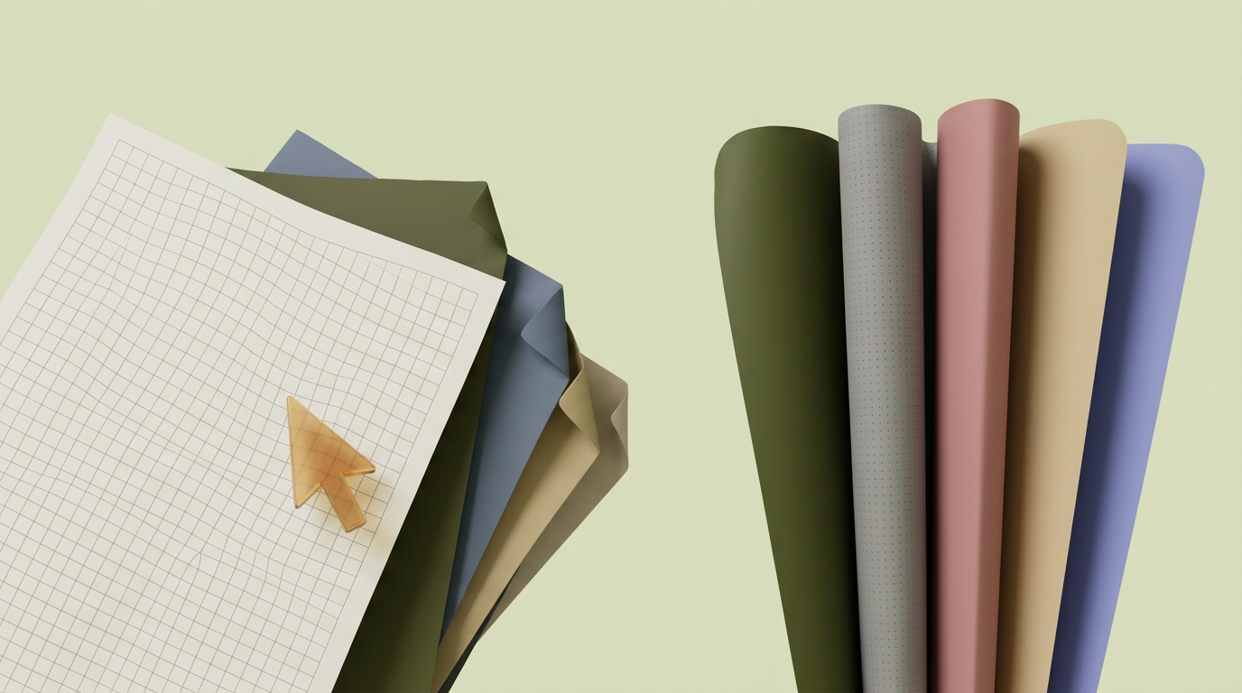 À gauche, une feuille quadrillée et des chemises empilées avec une flèche orange ; à droite, des feuilles hautes olive, grise, rose, sable et bleu pervenche dressées en éventail